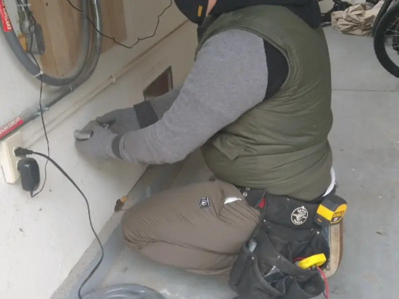 Electrician performing outlet wiring in a Wickliffe garage